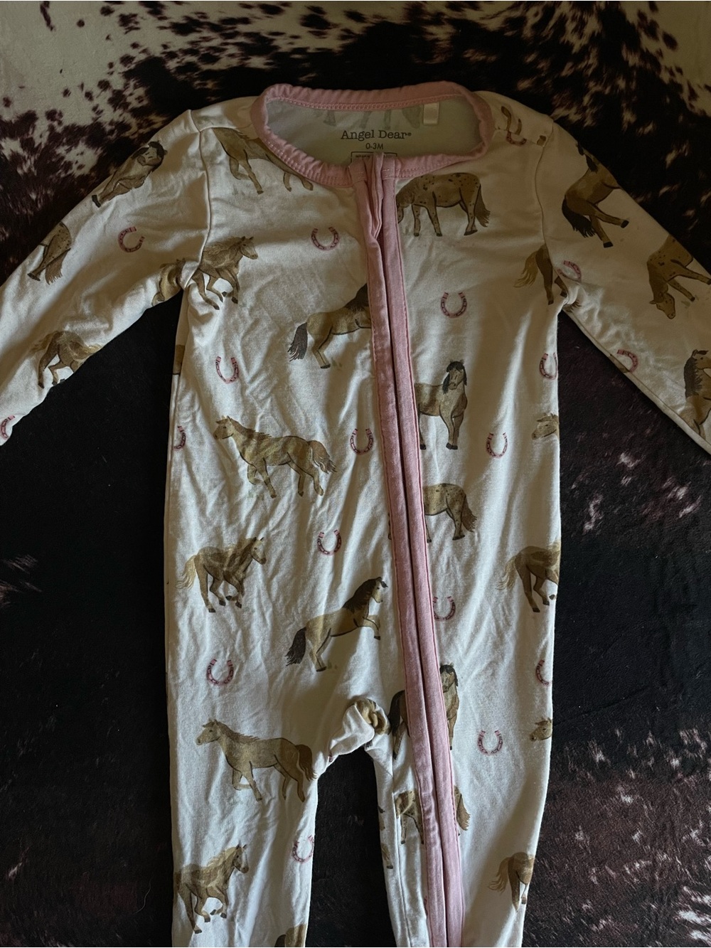 Angel Dear Cream Horse-Print Footie One-Piece with Pink Zip Trim